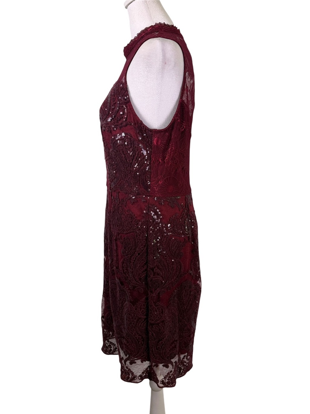 Soieblu Burgundy Lace Sequin Cocktail Dress Size L Mock Neck Sheath Party - Picture 5 of 10